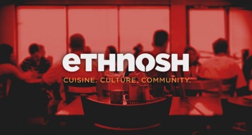 Red background with people sitting down, eating. White text "ethnosh". Below that, orange text "cusisne, culture, community"