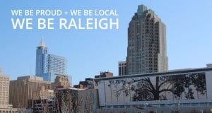 We Be Raleigh logo on top left of scene of downtown Raleigh